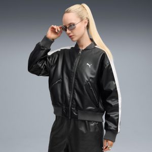 T7 Women's Pleather Bomber Jacket