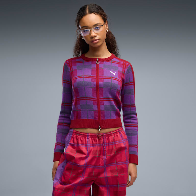 T7 Women's Tartan Slim Knitted Cardigan